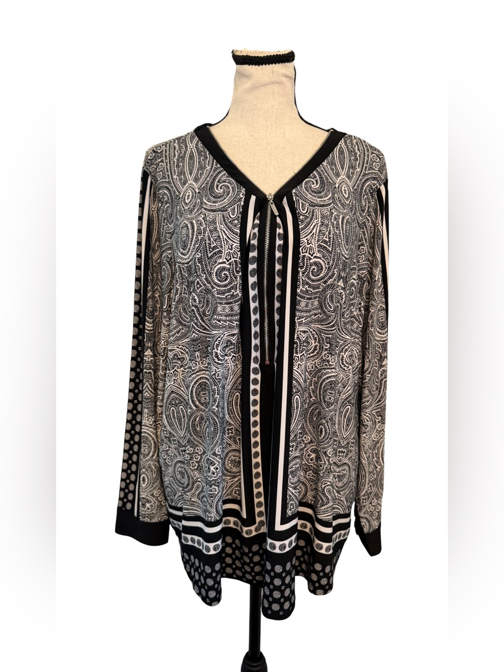 INC International Concepts Paisley Tunic Blouse Black White Long Sleeve XL XXL